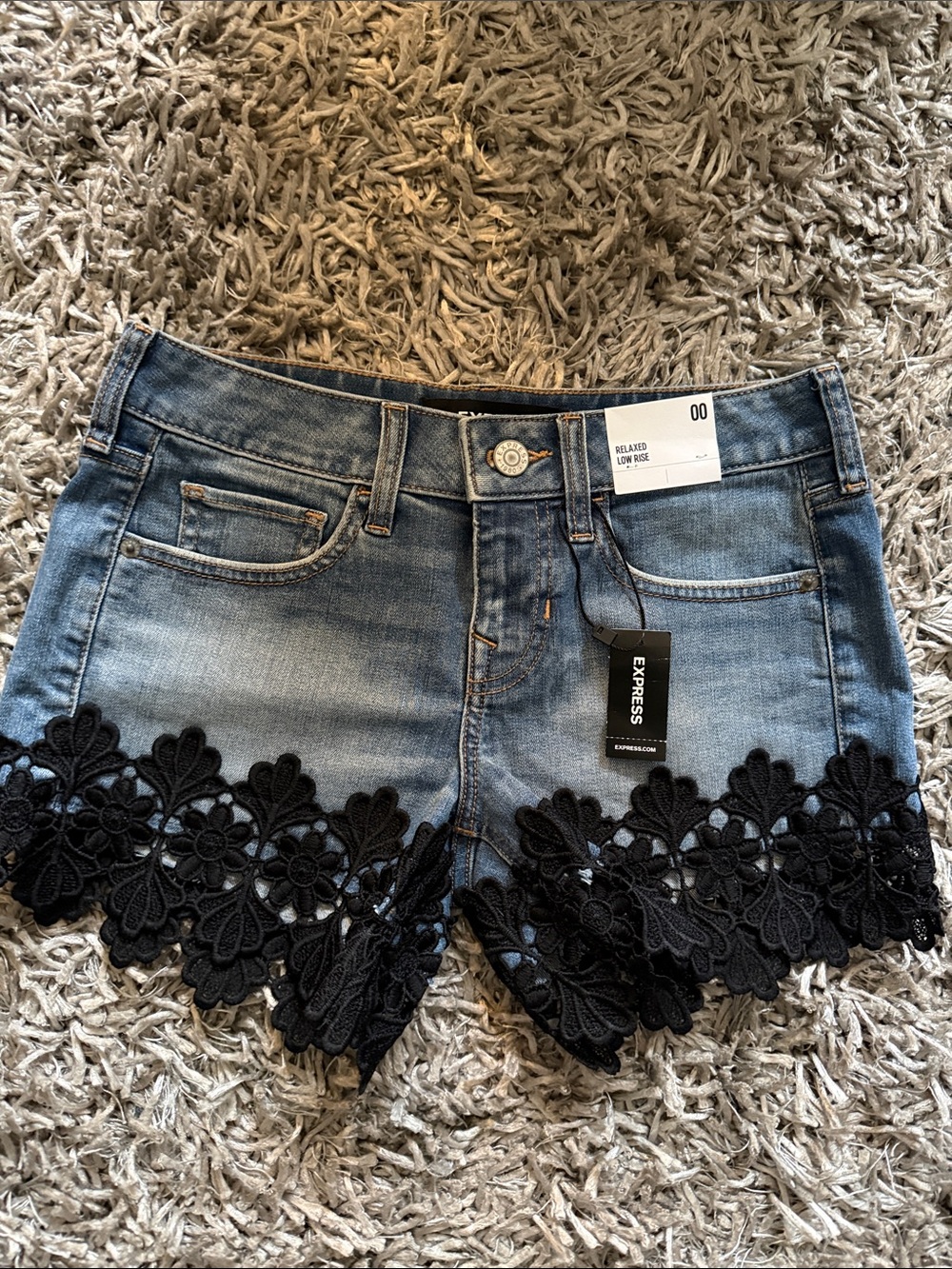 Express Blue Denim Shorts with Black Floral Lace Trim—-size 4 available also